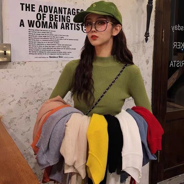 Autumn long-sleeved pullover sweater tops for women with base layer and slim half turtleneck sweater