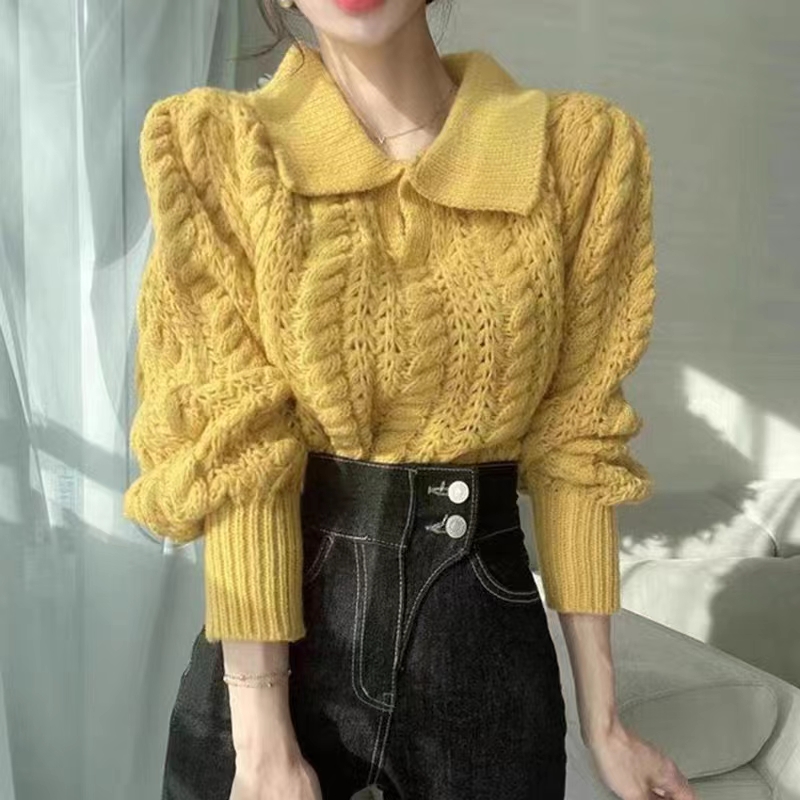 Korean chic autumn and winter retro avocado green POLO collar hollow linen pattern design long-sleeved sweater for women