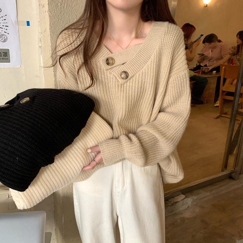 V-neck sweater women's loose autumn and winter new women's clothing with lazy style design niche bottoming sweater