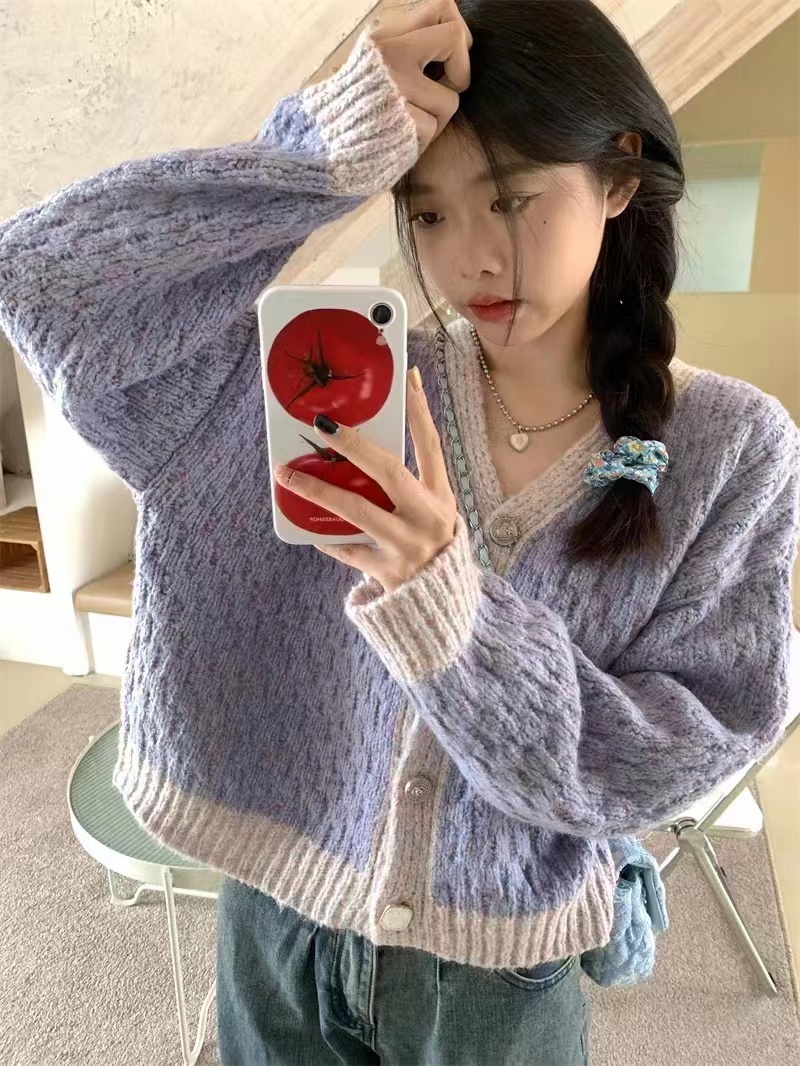 Taro purple v-neck sweater jacket for women in autumn and winter, Korean style, small fragrance, fufu, lazy, loose, soft and waxy knitted open