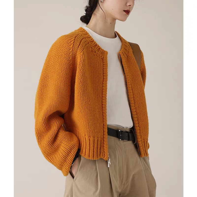 Zippered knitted sweater cardigan for women to wear early autumn short French retro high-end temperament loose jacket top