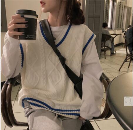 Korean style college style V-neck twist color block sweater vest for female students Korean style loose slimming knitted vest top