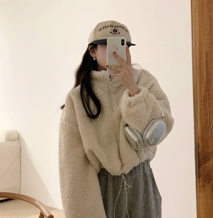 Korean chic autumn and winter new temperament stand-up collar zipper plush design versatile short cotton coat for women