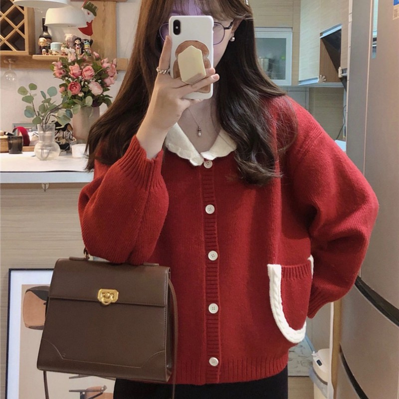 Year of the Rabbit Clothes for the Year of the Rabbit Christmas Outfit Red Sweater Women's Autumn and Winter Gentle Knitted Cardigan Jacket Top