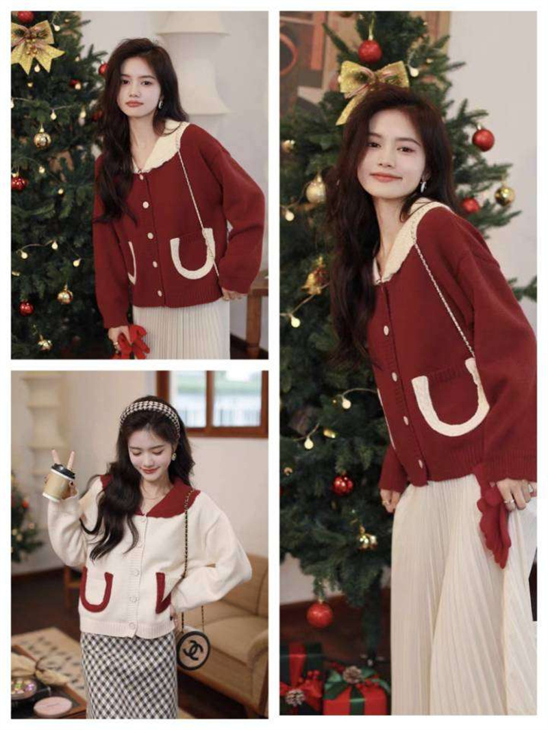 Year of the Rabbit Clothes for the Year of the Rabbit Christmas Outfit Red Sweater Women's Autumn and Winter Gentle Knitted Cardigan Jacket Top