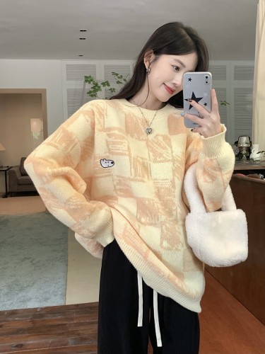 New loose and versatile Japanese style lazy style top cartoon plaid round neck sweater