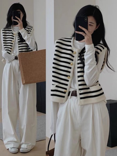 Xiaoxiangfeng black and white striped sleeveless knitted vest jacket for women spring and autumn cardigan outer wear sweater vest