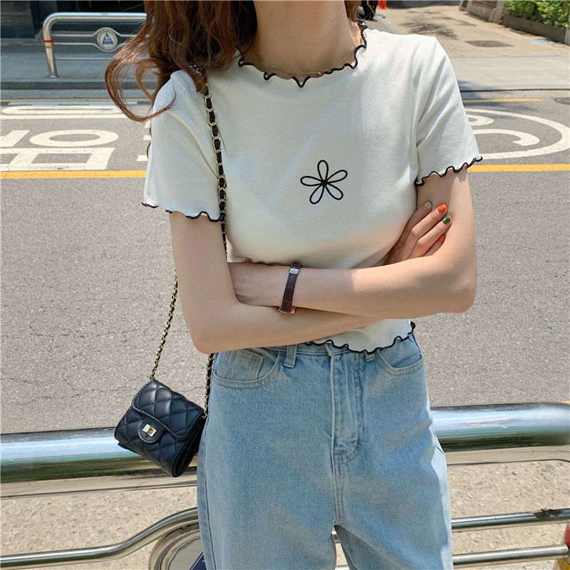 Summer new style small fresh Korean version wooden ear edge embroidery large size short sleeve T-shirt girls show thin top trend