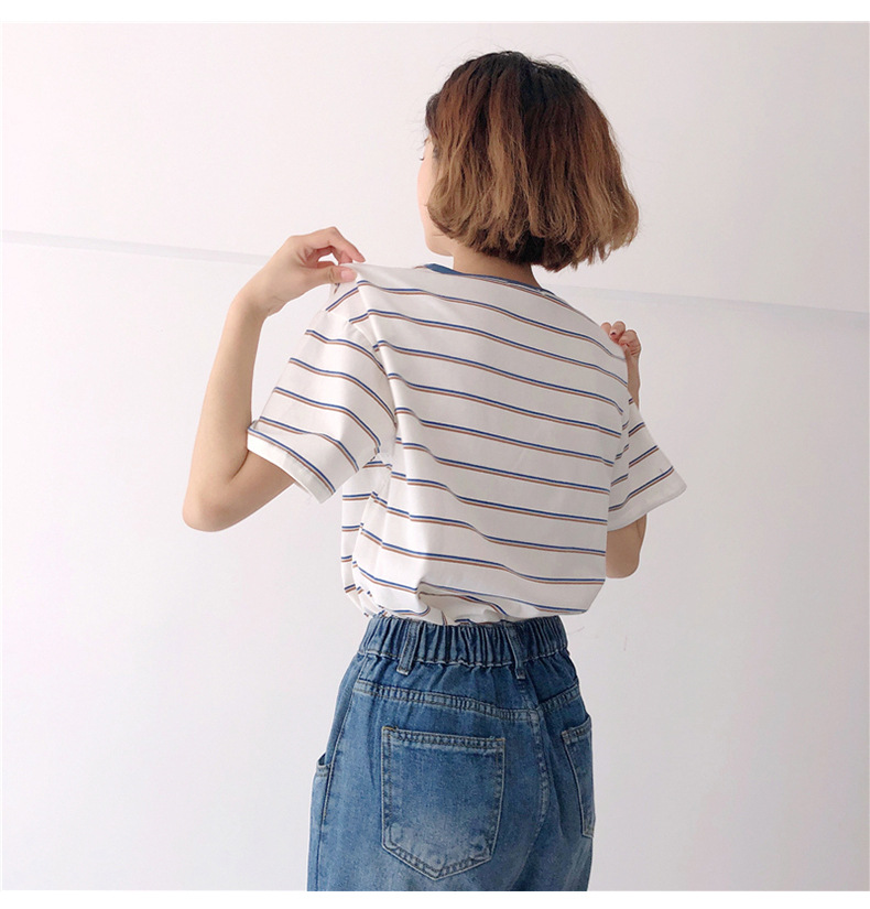 Short-sleeved T-shirt for women summer college style loose slimming striped top