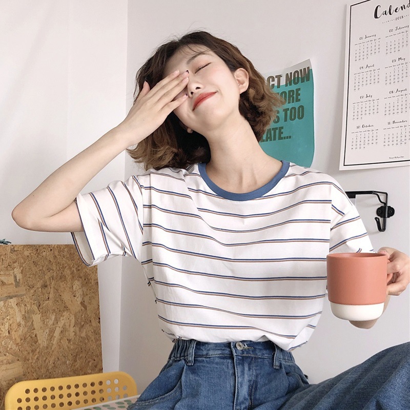 Short-sleeved T-shirt for women summer college style loose slimming striped top