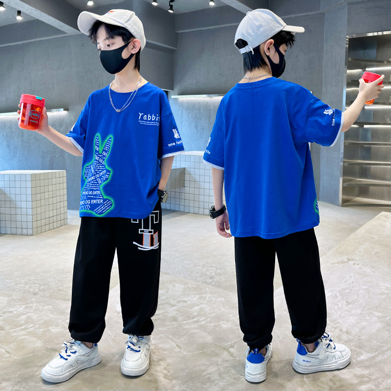 兒童潮流夏裝男童2024夏季新款酷帥短袖長褲套裝大童休閒運動童裝