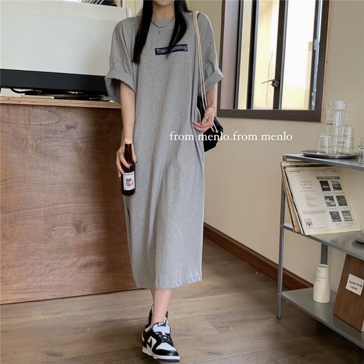 Milk silk summer new Korean fashion T-shirt women's printed slit dress loose plus size women's clothing