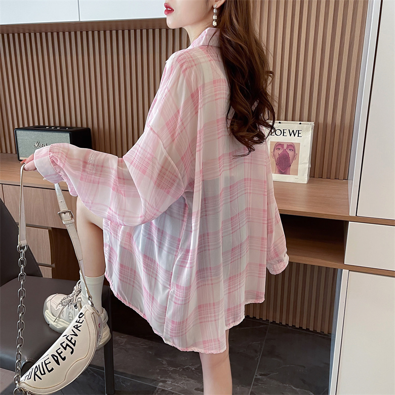 Real shot of ice silk chiffon breathable sun protection clothing women's long-sleeved mid-length plaid shirt light sun protection jacket