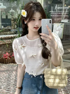 Fashionable design hollow bow pullover round neck short-sleeved shirt tops and vest two-piece set