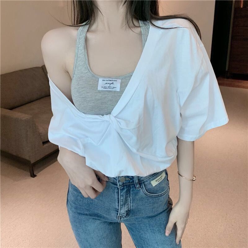 Summer new trial design niche splicing fake two-piece off-shoulder short-sleeved T-shirt women's short navel top trendy